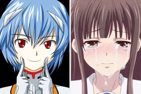Dwie postacie z anime: jedna z niebieskimi włosami i czerwonymi oczami, druga płacząca. Jakim typem dere jesteś?