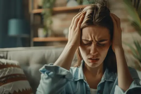 Kobieta z rękami na skroniach, cierpiąca z powodu bólu głowy, który może być jednym z objawów zespołu serotoninowego.