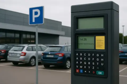 Parkomat z klawiaturą i ekranem wyświetlającym "Numer rejestracyjny" oraz instrukcję. W tle parking z samochodami i znak "P". To miejsce, gdzie dokonuje się wezwanie do zapłaty parking.