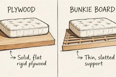 Illustration comparing a mattress on solid plywood, labeled "Solid, flat rigid plywood," to a mattress on a slatted bunkie board, labeled "Thin, slatted support." This may help with back pain.