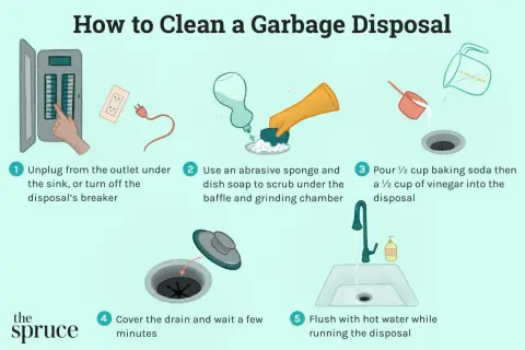 Learn how to clean a garbage disposal with these 5 simple steps: unplug, scrub, add baking soda & vinegar, cover, and flush.