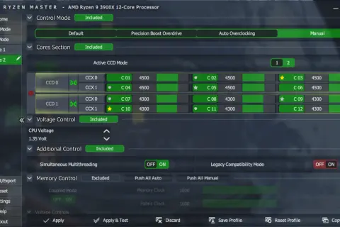 AMD Ryzen Master: try Precision Boost Overdrive for enhanced performance. Widok ustawień rdzeni procesora, napięcia i pamięci.