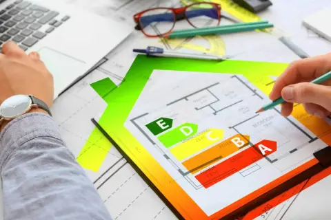Rysunek domu z klasyfikacją energetyczną EPC. Ręka z ołówkiem analizuje plan, obok laptop i okulary.