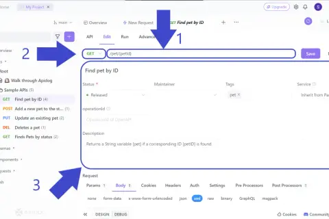 Interface de gestion des **endpoints API** : configuration d'une requête GET pour trouver un animal par son ID.