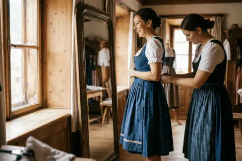 Eine Frau hilft einer anderen, ihr Dirndl zu schnüren. Sie stehen vor einem großen Spiegel in einem rustikalen Raum.