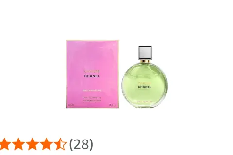 Chanel Chance Eau Fraiche w zielonej butelce obok różowego pudełka. Zapach dla kobiet.