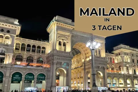 MAILAND in 3 TAGEN: Prachtvolle Architektur der Galleria Vittorio Emanuele II bei Nacht, beleuchtet und voller Leben.