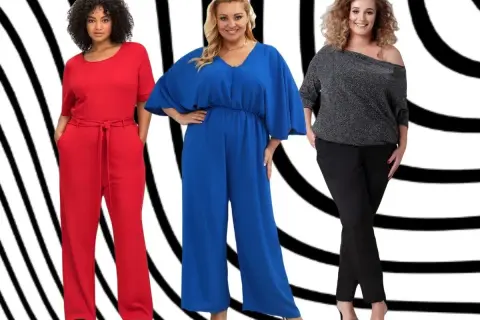 Elegancki kombinezon na wesele plus size w czerwonym kolorze, obok kobaltowy i czarny zestaw.