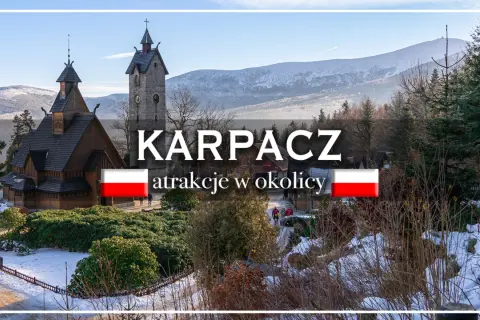 Karpacz: drewniany kościółek Wang i wieża widokowa. Atrakcje dla dorosłych w zimowej scenerii Karkonoszy.