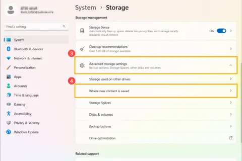 Ustawienia systemu Windows 11: zaawansowane opcje zarządzania dyskiem, czyszczenie dysku i miejsca zapisu.