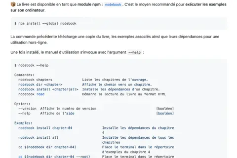 Commandes pour utiliser le module npm nodebook : installation, aide, et exemples d'utilisation.