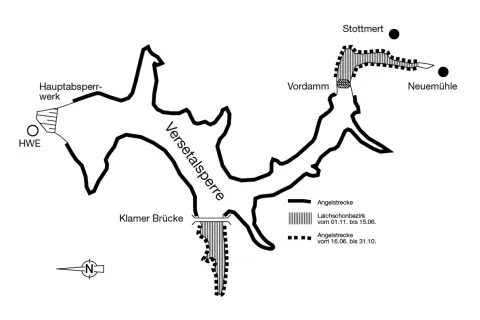 Karte der Versetalsperre im Sauerland mit Angelstrecken und Schonzeiten.