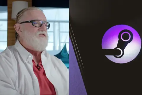 Gaben, twórca Steam, w białej koszuli i czerwonej koszulce, obok logo Steam.