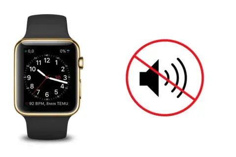 Złoty smartwatch obok symbolu wyciszenia. Dowiedz się, jak wyłączyć dźwięk w smartwatch, aby cieszyć się ciszą.