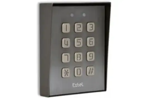 Digicode Extel gris avec pavé numérique et deux voyants lumineux.
