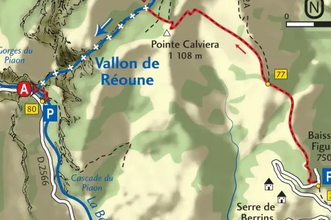 Carte de randonnée indiquant les Gorges du Piaon, le Vallon de Réoune et la cascade du Piaon. Un sentier rouge serpente vers la Pointe Calviera.