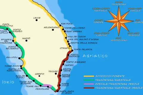 Mappa delle spiagge del Salento Adriatico, con località come Otranto, Torre dell'Orso e San Foca.