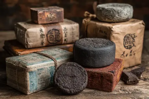 Des blocs de thé Pu-erh, un thé **fermenté** aux arômes complexes, sont présentés sur un fond rustique en bois.
