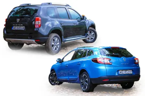 Niebieski Renault Megane Grandtour i czarny Dacia Duster stoją obok siebie na żwirowej drodze.