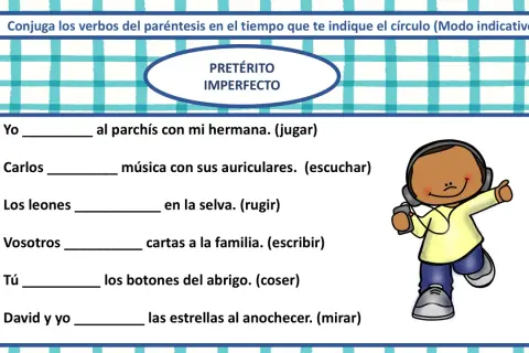 Ejercicios de verbos para 6 primaria: conjuga el pretérito imperfecto. Un niño con auriculares escucha música.