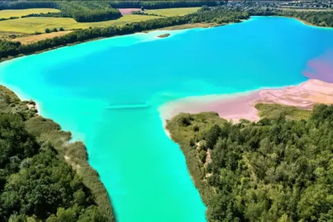 Turkusowe jezioro w Koninie, otoczone zielenią i piaszczystymi brzegami, tworzy surrealistyczny krajobraz.