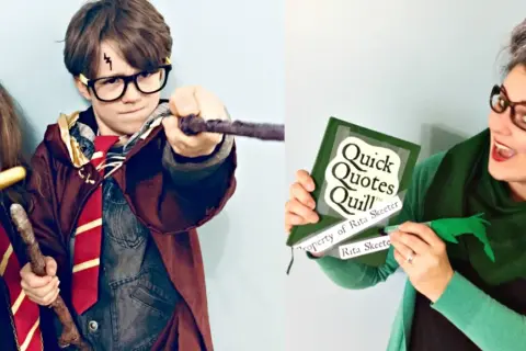 Dzieci w strojach Harry'ego Pottera i kobieta jako Rita Skeeter z książką "Quick Quotes Quill".