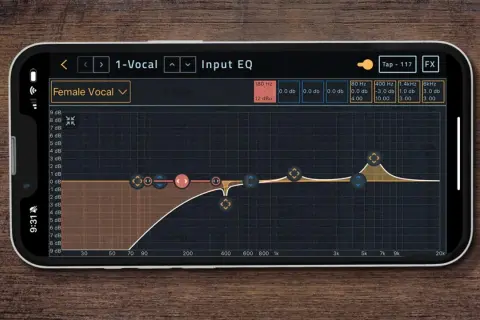 Ekran telefonu z aplikacją JBL One, pokazujący korektor graficzny z ustawieniami dla wokalu żeńskiego.