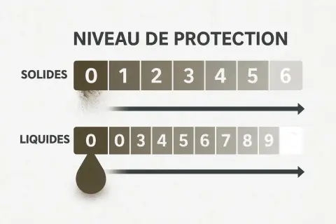 Échelle de protection contre les solides (0-6) et les liquides (0-9). Le niveau IP 57 indique une protection contre la poussière et une immersion temporaire dans l'eau.
