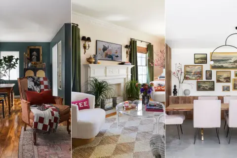 A collage of three rooms showcasing transitional interior design, blending classic and modern elements.