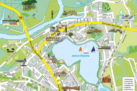 Międzychód atrakcje: Rynek, Jezioro Miejskie z żaglówkami, park z ptakiem, plaża i ścieżki rowerowe.