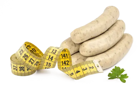 Bratwurst roh essen? Ein Maßband zeigt, dass man auf die Figur achten sollte. Ein Petersilienblatt liegt daneben.