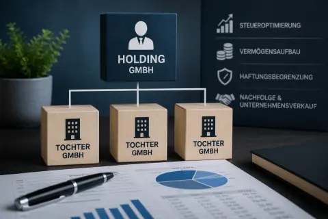 Ein Diagramm zeigt eine Holding GmbH mit drei Tochtergesellschaften. Daneben sind Vorteile wie Steueroptimierung und Haftungsbegrenzung aufgeführt.