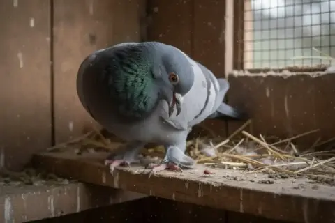 Gołąb pochyla się nad maleńkim kleszczem obrzeżkiem, który czai się na desce w gołębniku.