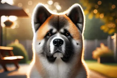 Un Akita Americano dallo sguardo intenso, con il suo tipico carattere fiero e leale, illumina il giardino al tramonto.