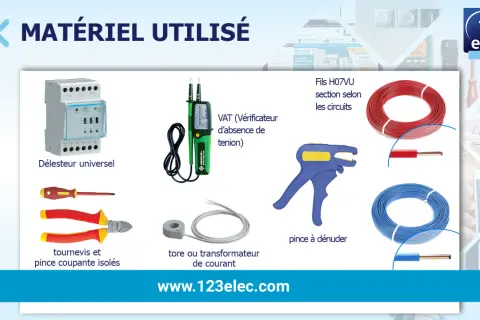 Matériel électrique : délesteur universel, VAT, fils, pince à dénuder, tournevis et pince coupante isolés, tore de courant.