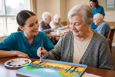 Une aide-soignante encourage une résidente d'un ehpad Alzheimer à peindre un arc-en-ciel, créant un moment de joie et de connexion.