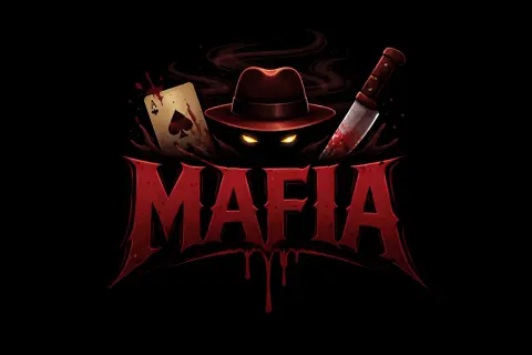 Krwawy as pik, nóż i kapelusz z żółtymi oczami. Logo gry mafia online.