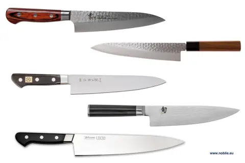 Różne rodzaje noży japońskich: santoku, gyuto, nakiri. Ostrza z damasceńskiej stali VG-10 i inne.