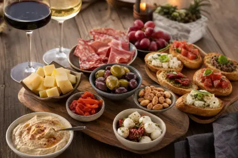 Köstliches **Essen zur Weinprobe**: Bruschetta, Käsewürfel, Oliven, Mandeln, Hummus, Mozzarella-Bällchen, Peperoni und Aufschnitt.