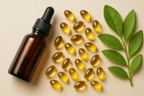 Frasco con gotero y cápsulas doradas, ideales para el cuidado de la piel. La vitamina E para la cara es un secreto de belleza natural.