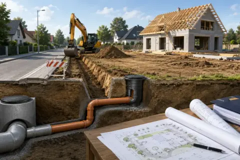 Budowa domu, wykop pod instalacje wodne, koparka, plany i dokumenty.