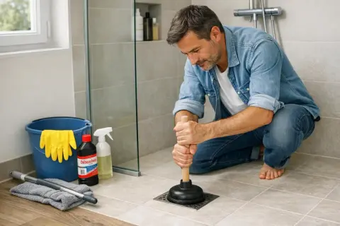 Homme utilisant une ventouse pour nettoyer siphon douche italienne. Matériel de nettoyage à proximité.