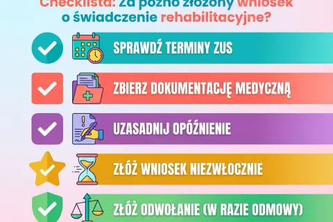 Checklista: Sprawdź terminy ZUS, zbierz dokumentację, uzasadnij opóźnienie, złóż wniosek lub odwołanie, gdy za późno złożony wniosek o świadczenie rehabilitacyjne.