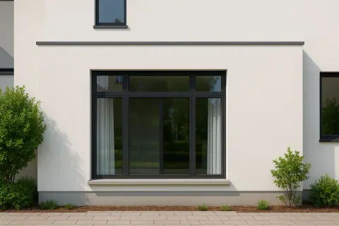 Ventana sin persiana, con cortinas blancas que ayudan a quitar la luz. Exterior de casa moderna con plantas.