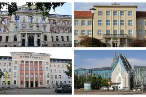 Vier Gebäude in Leipzig, die für ein Studium geeignet sind: ein historisches Palais, ein gelbes Universitätsgebäude, ein pastellfarbenes Gebäude und ein modernes Bauwerk.