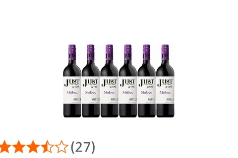 Sechs Flaschen Malbec Wein mit lila Kapseln und weißen Etiketten.