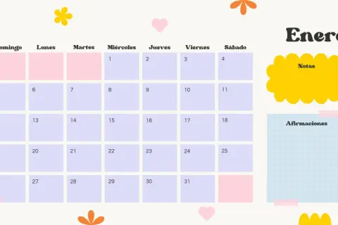 Calendario mensual para imprimir de Enero, con casillas para notas y afirmaciones.