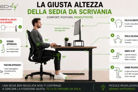 Guida alla postura pc corretta: schiena appoggiata, gomiti a 90°, collo allineato al monitor per comfort e produttività.