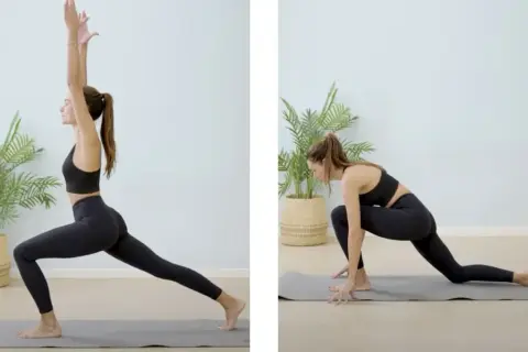 Donna in posa yoga, una con braccia alzate, l'altra in affondo. Esercizi utili per chi soffre di problemi alle ginocchia.