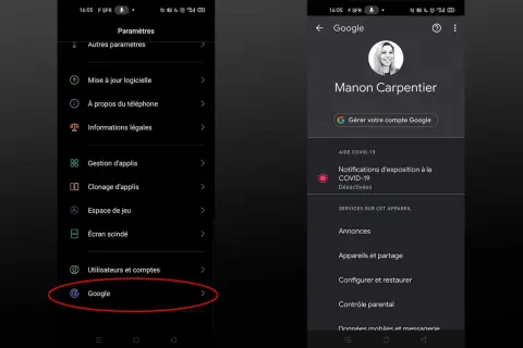 Paramètres du téléphone, avec une section dédiée aux paramètres des applis Google. L'écran de droite montre le compte Google de Manon Carpentier.